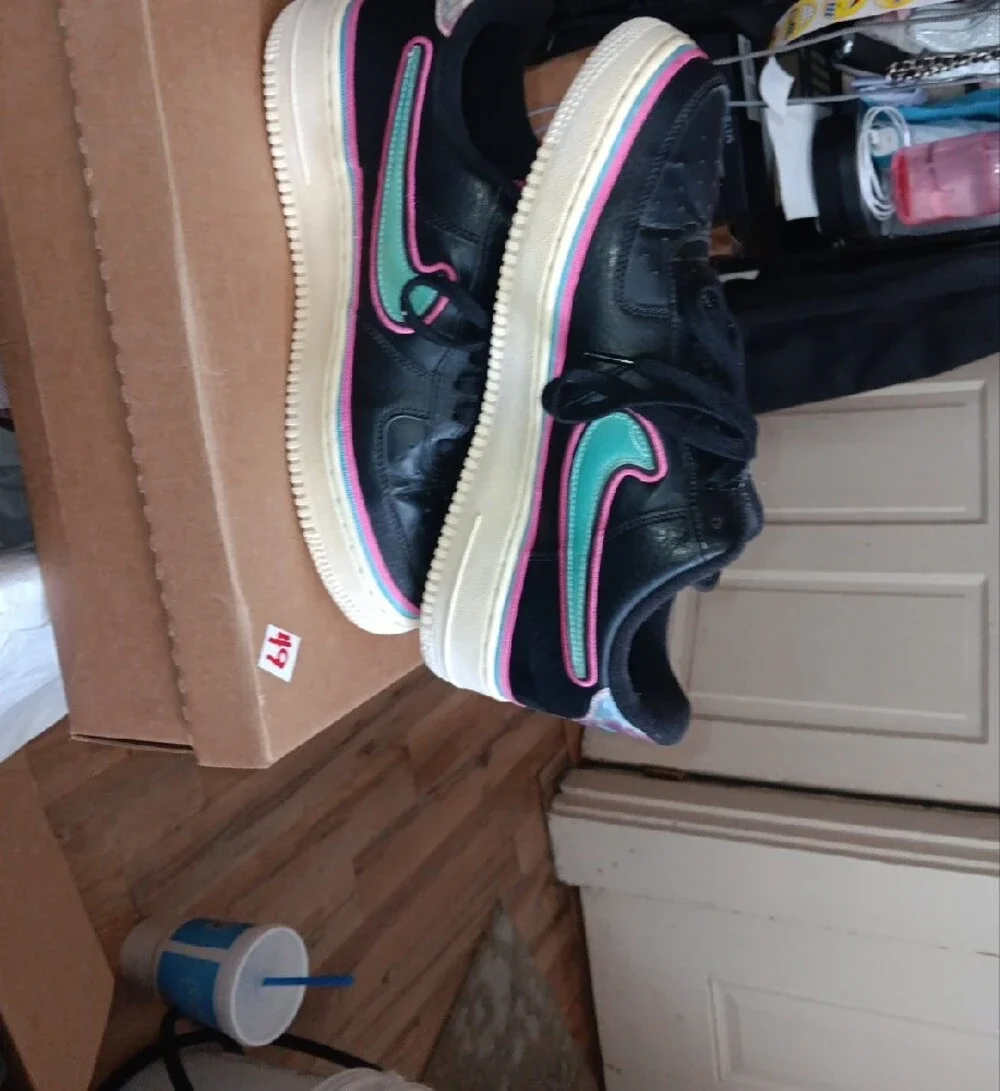 Nike AF1 NBA Colab, Black Leather Sneakers with Teal & Pink Swoosh